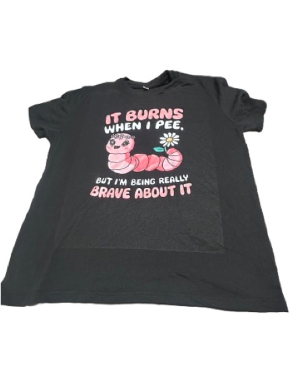 Black Graphic Tee with Pink Worm and White Daisy